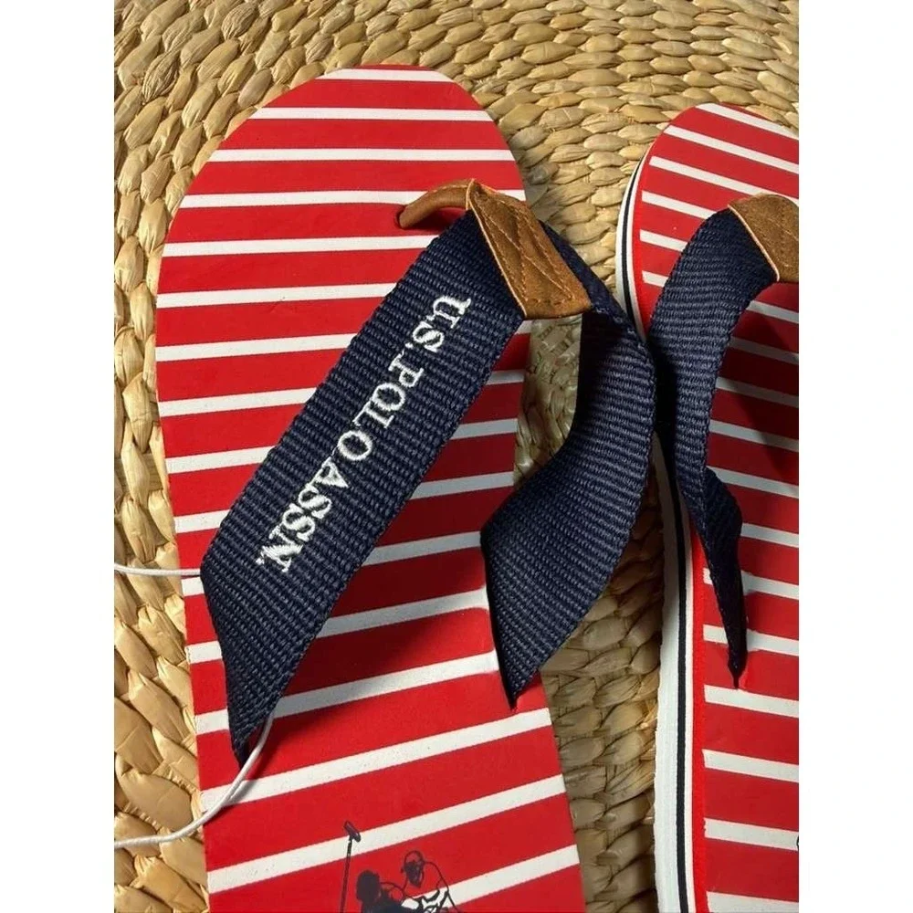 US Polo Assn Womens Striped‎ Flip Flops Red White Blue Nautical Sandals NEW 9-10